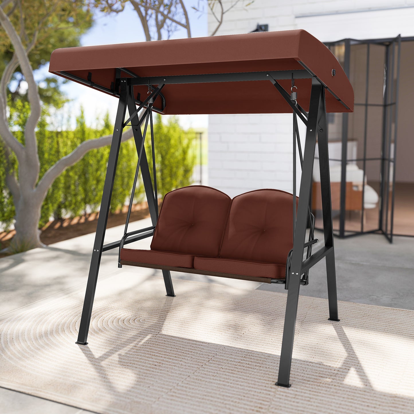 2-Person Outdoor Porch Swing with A-Shaped Metal Stand and Adjustable Canopy-Brown Kids Crystal