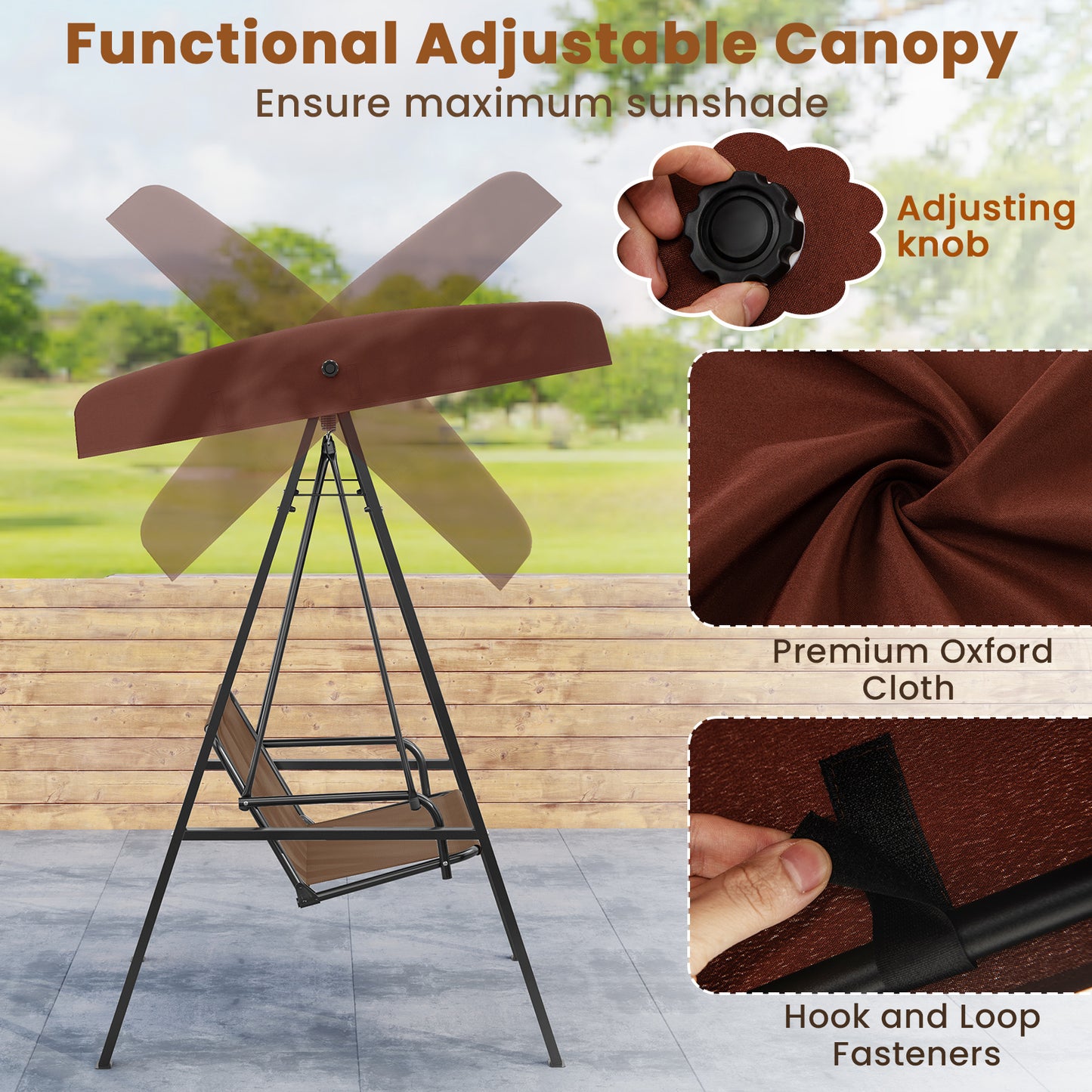 2-Person Outdoor Porch Swing with A-Shaped Metal Stand and Adjustable Canopy-Brown Kids Crystal