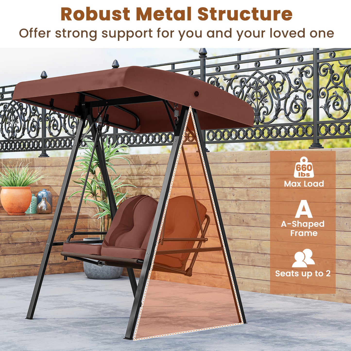 2-Person Outdoor Porch Swing with A-Shaped Metal Stand and Adjustable Canopy-Brown Kids Crystal