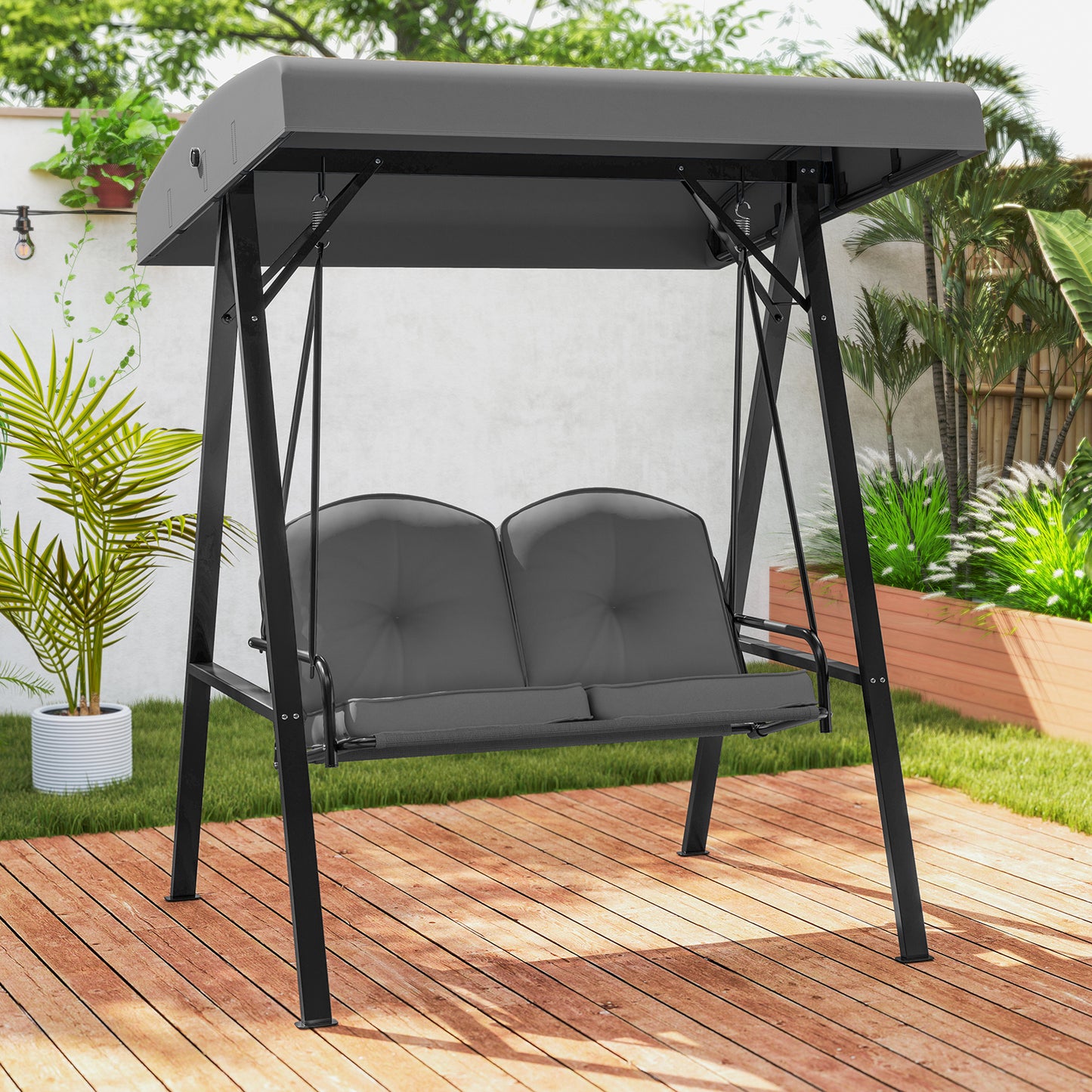2-Person Outdoor Porch Swing with A-Shaped Metal Stand and Adjustable Canopy-Gray Kids Crystal