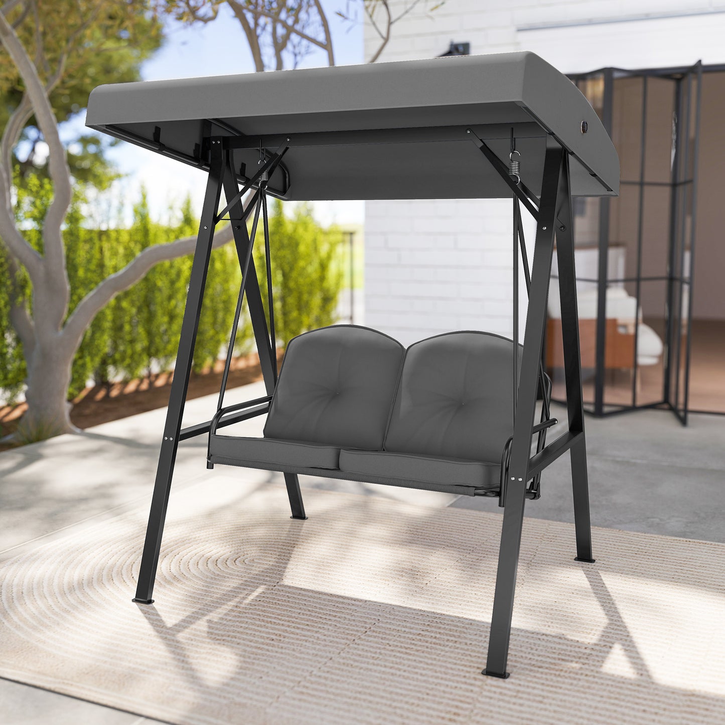 2-Person Outdoor Porch Swing with A-Shaped Metal Stand and Adjustable Canopy-Gray Kids Crystal