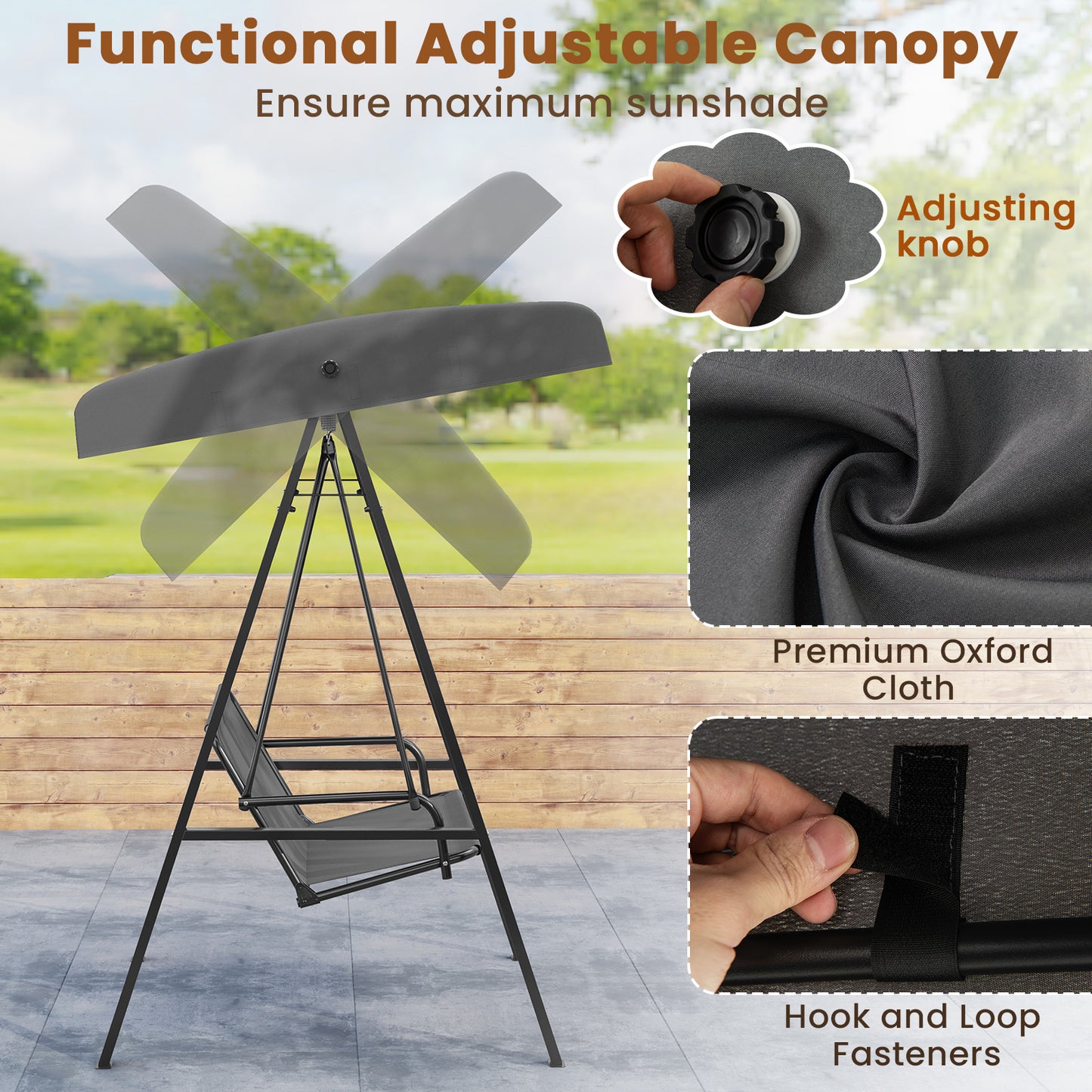 2-Person Outdoor Porch Swing with A-Shaped Metal Stand and Adjustable Canopy-Gray Kids Crystal