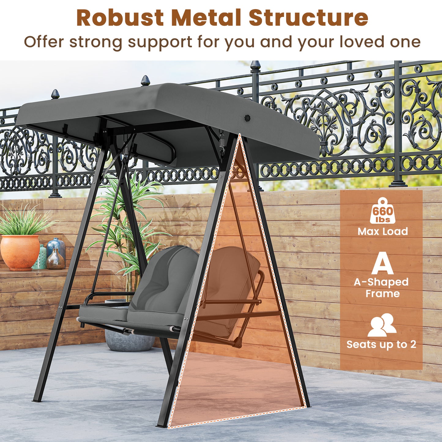 2-Person Outdoor Porch Swing with A-Shaped Metal Stand and Adjustable Canopy-Gray Kids Crystal
