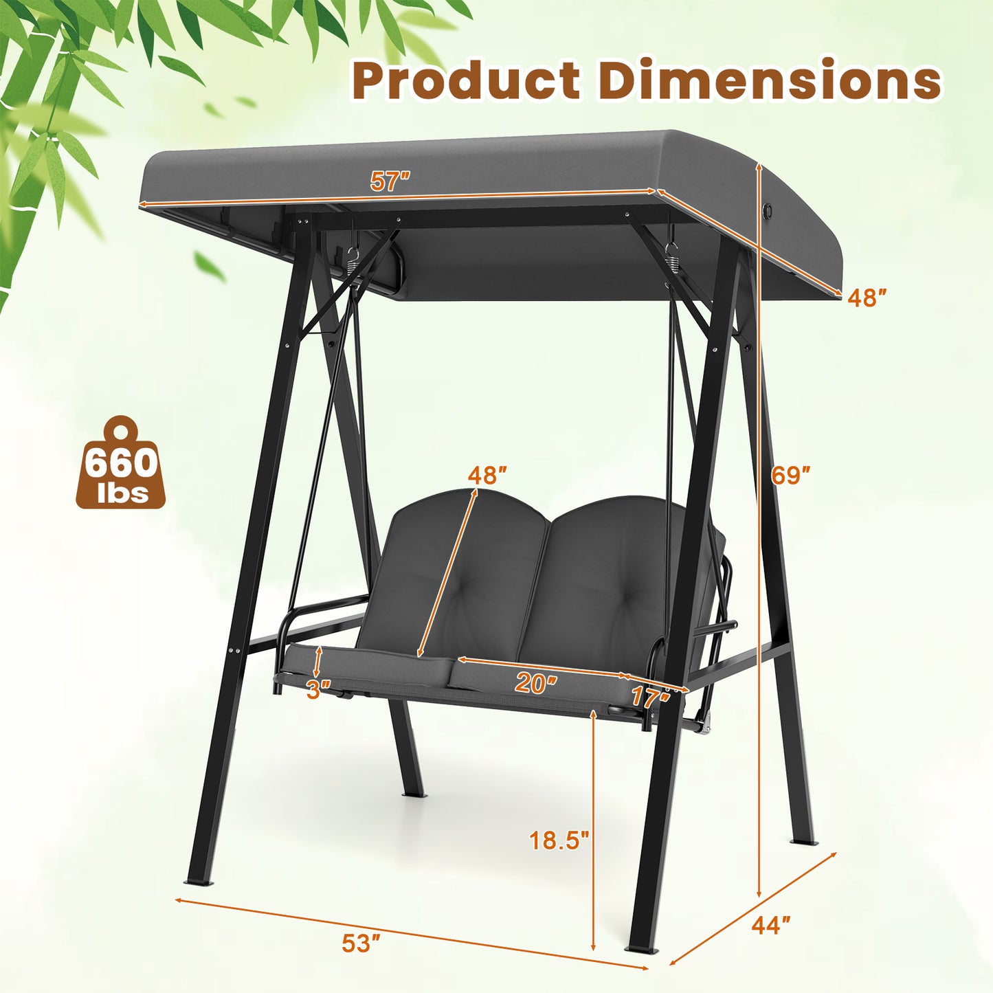 2-Person Outdoor Porch Swing with A-Shaped Metal Stand and Adjustable Canopy-Gray Kids Crystal