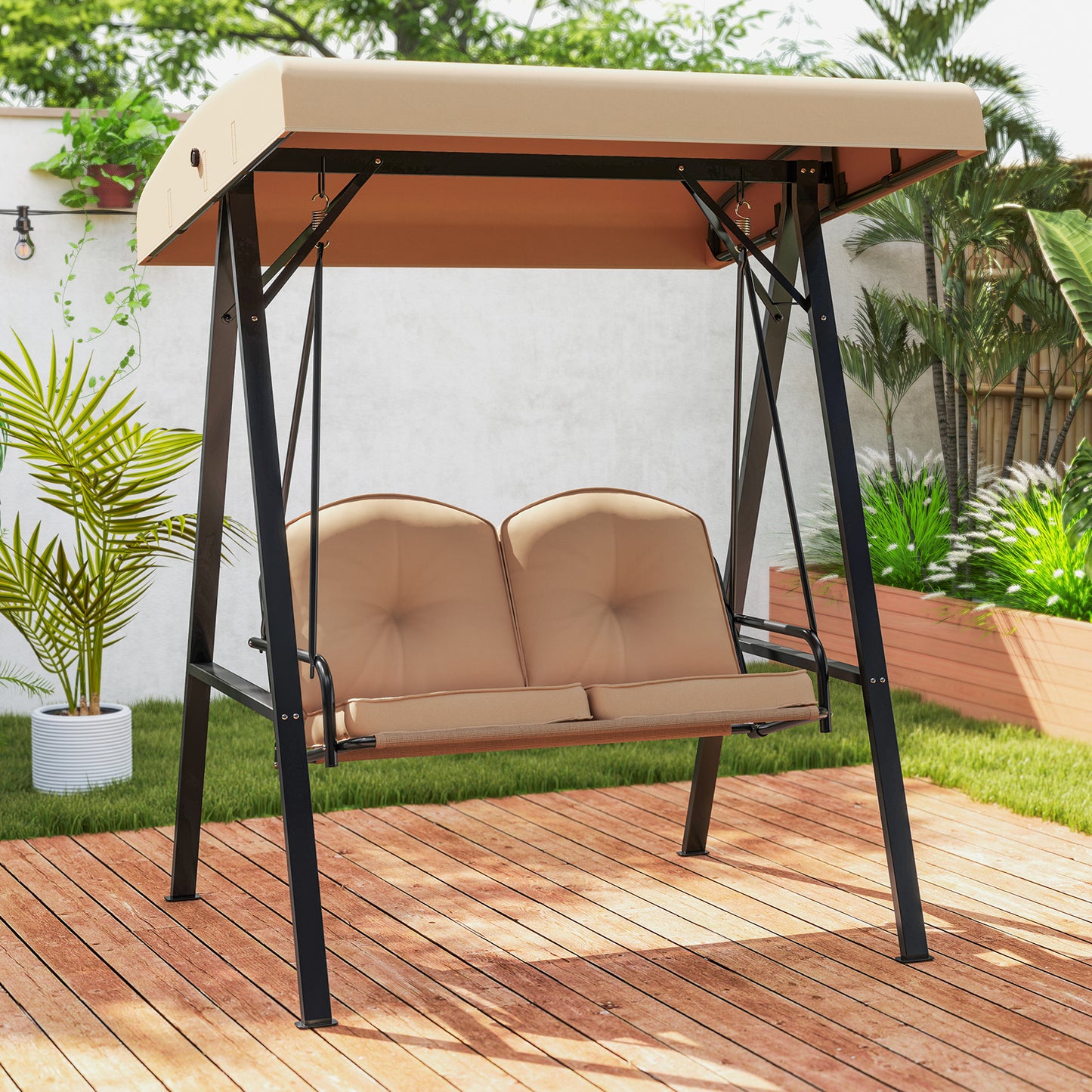 2-Person Outdoor Porch Swing with A-Shaped Metal Stand and Adjustable Canopy-Beige Kids Crystal