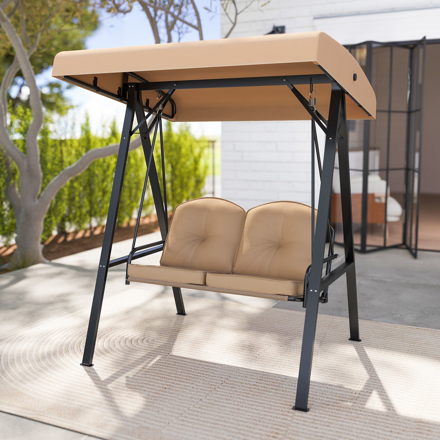 2-Person Outdoor Porch Swing with A-Shaped Metal Stand and Adjustable Canopy-Beige Kids Crystal