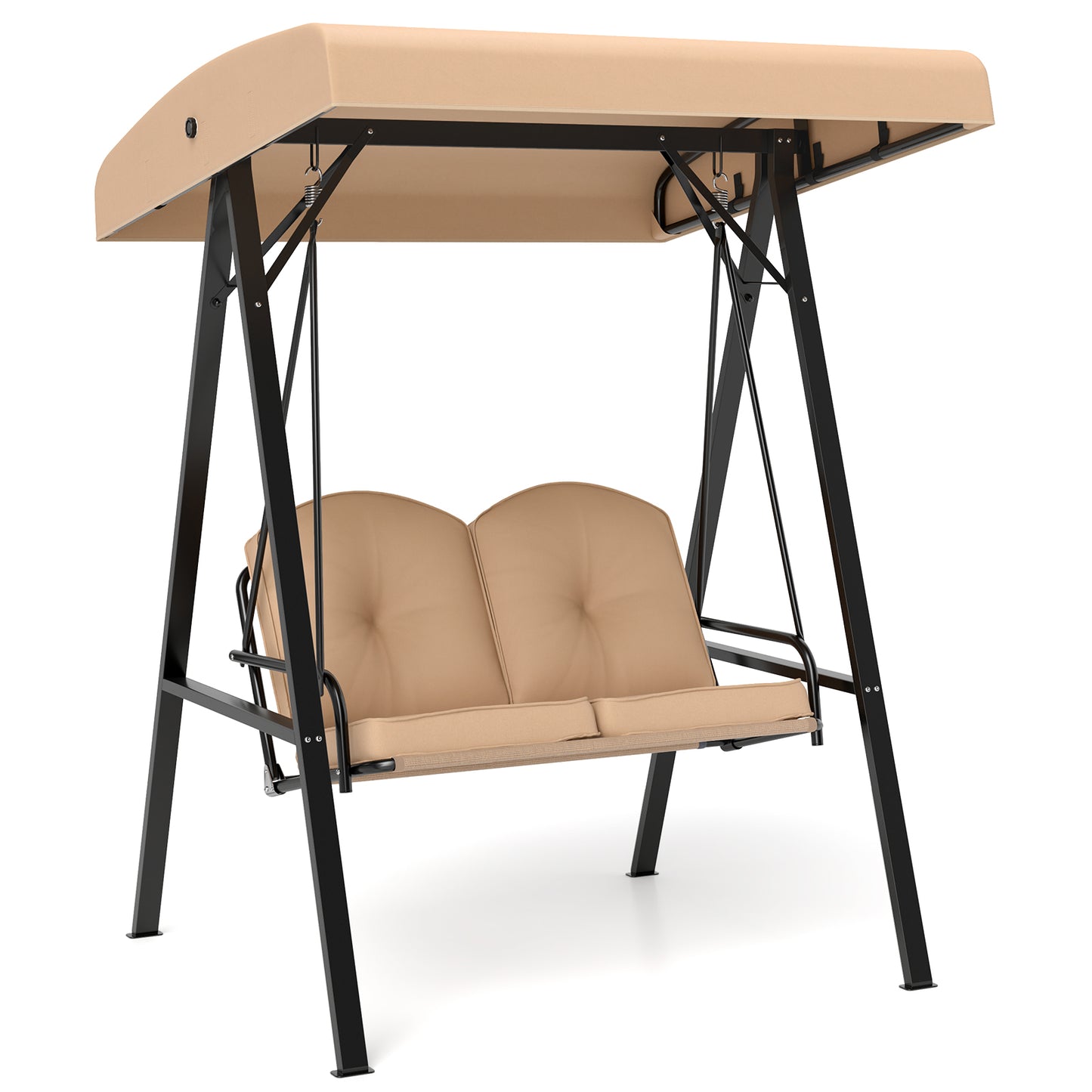 2-Person Outdoor Porch Swing with A-Shaped Metal Stand and Adjustable Canopy-Beige Kids Crystal
