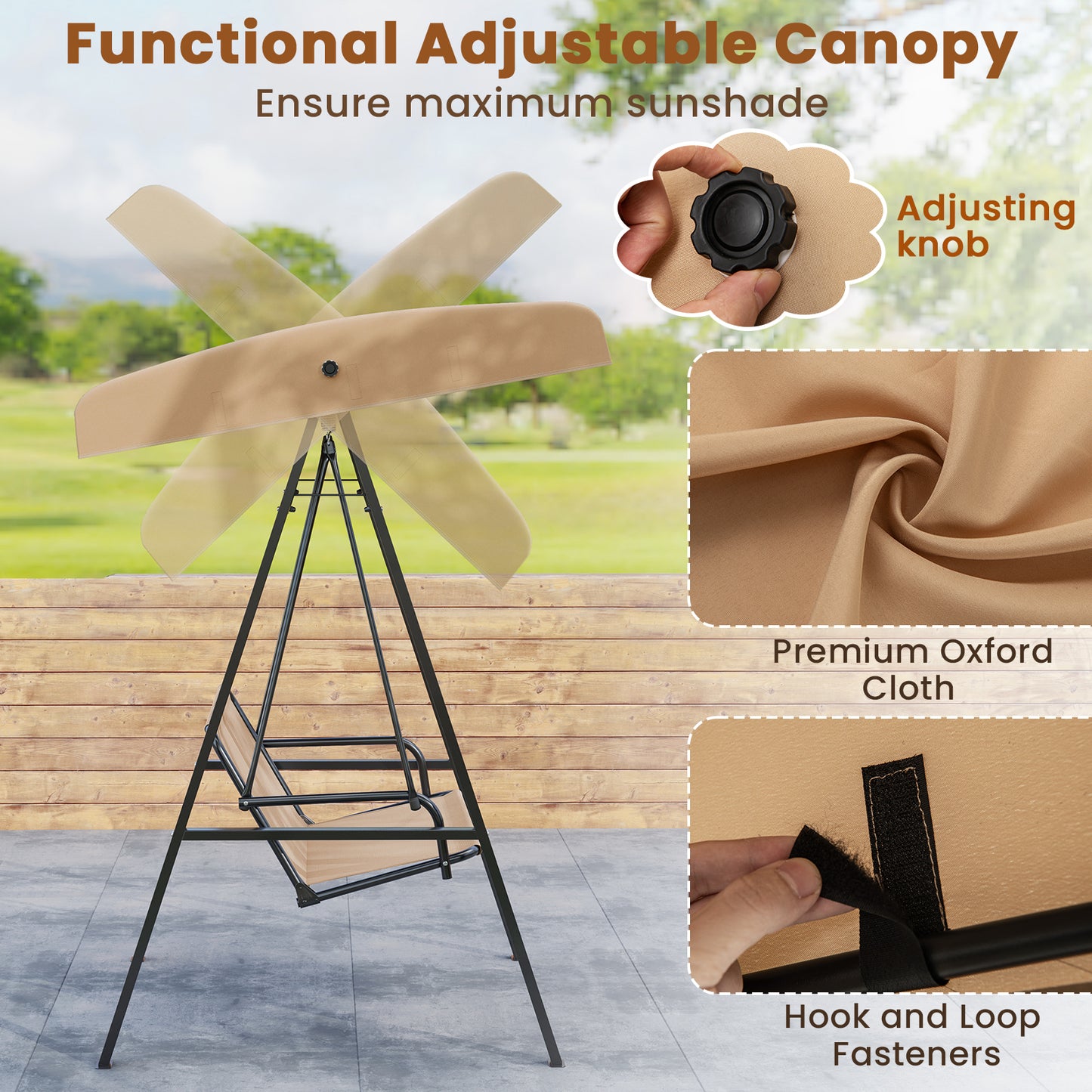 2-Person Outdoor Porch Swing with A-Shaped Metal Stand and Adjustable Canopy-Beige Kids Crystal