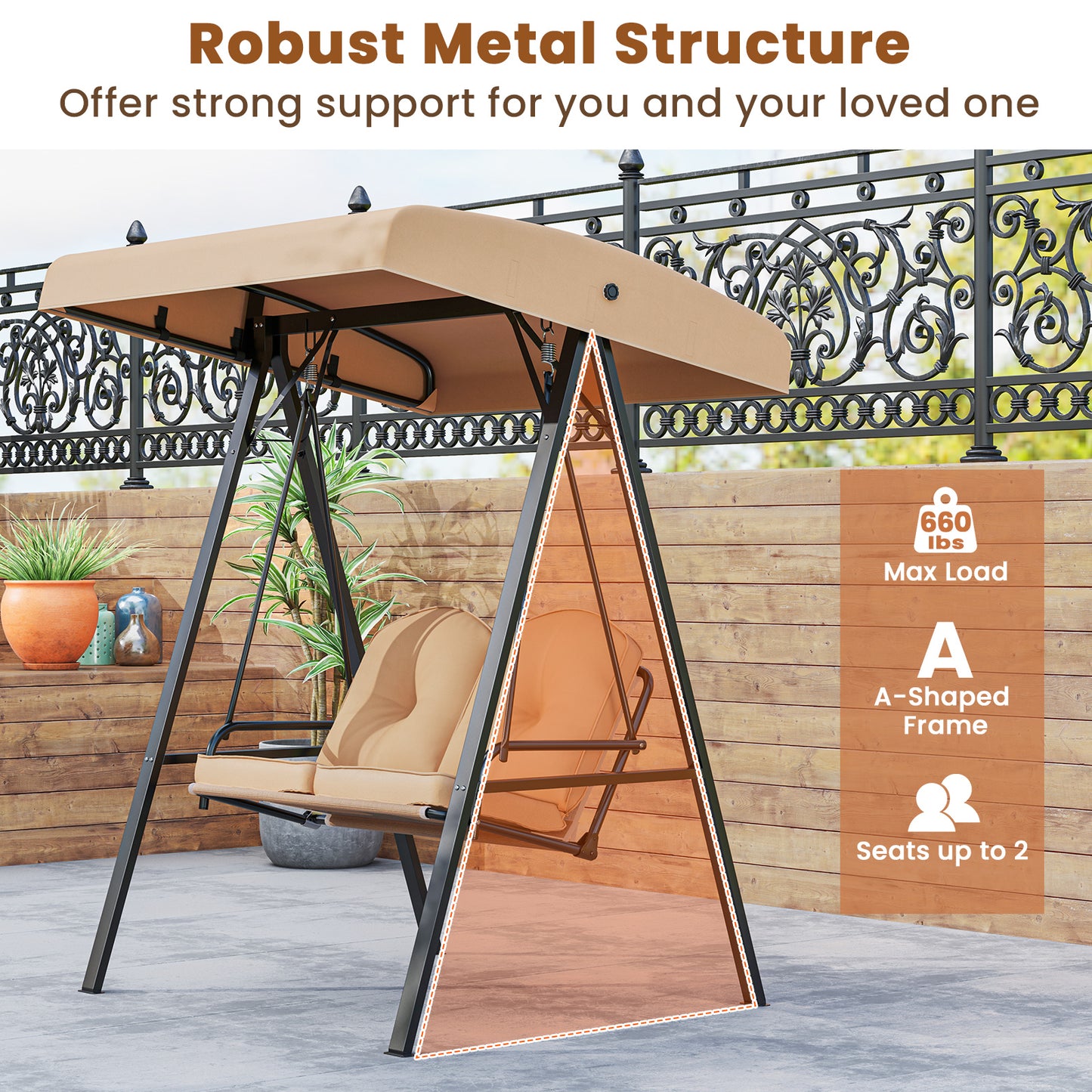 2-Person Outdoor Porch Swing with A-Shaped Metal Stand and Adjustable Canopy-Beige Kids Crystal