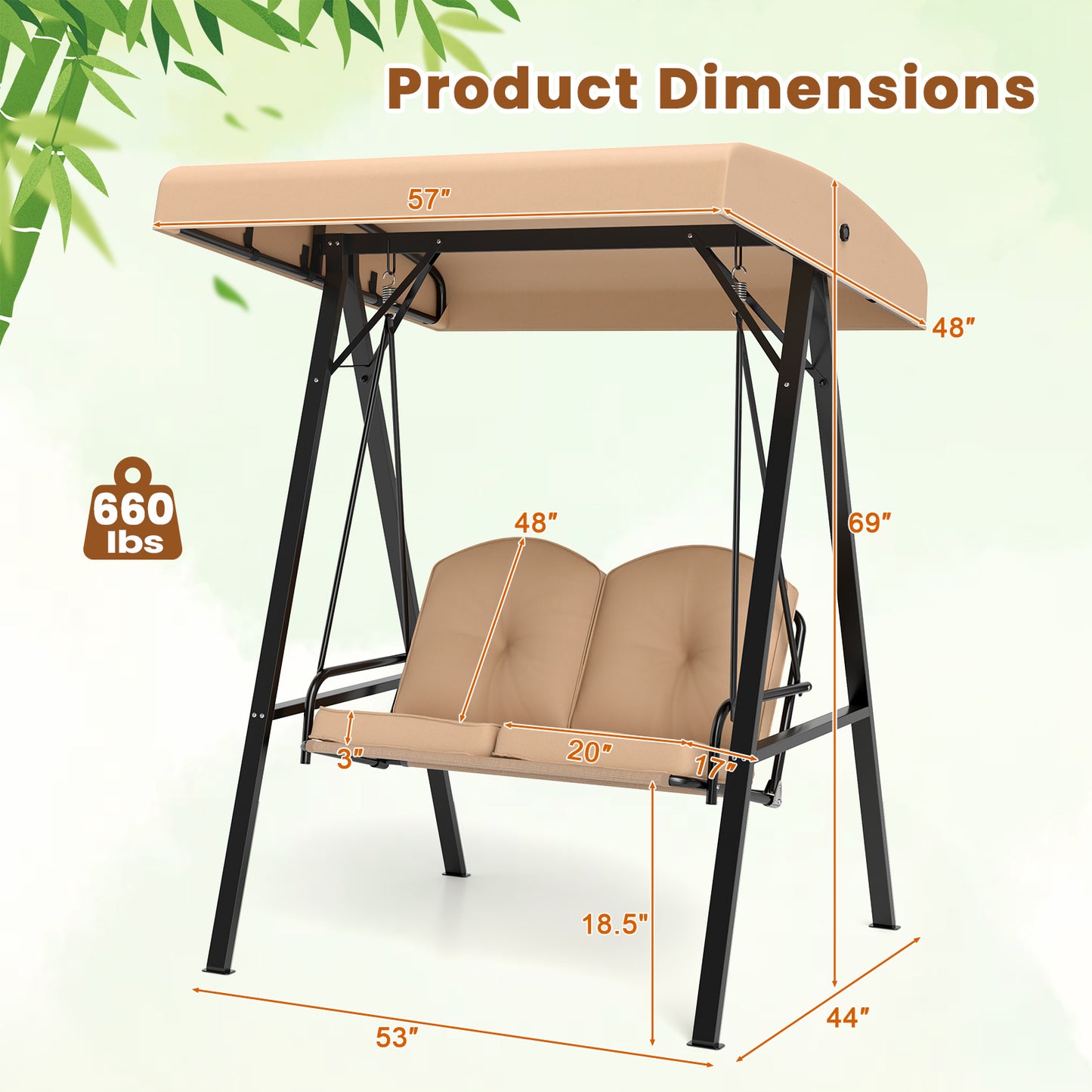 2-Person Outdoor Porch Swing with A-Shaped Metal Stand and Adjustable Canopy-Beige Kids Crystal