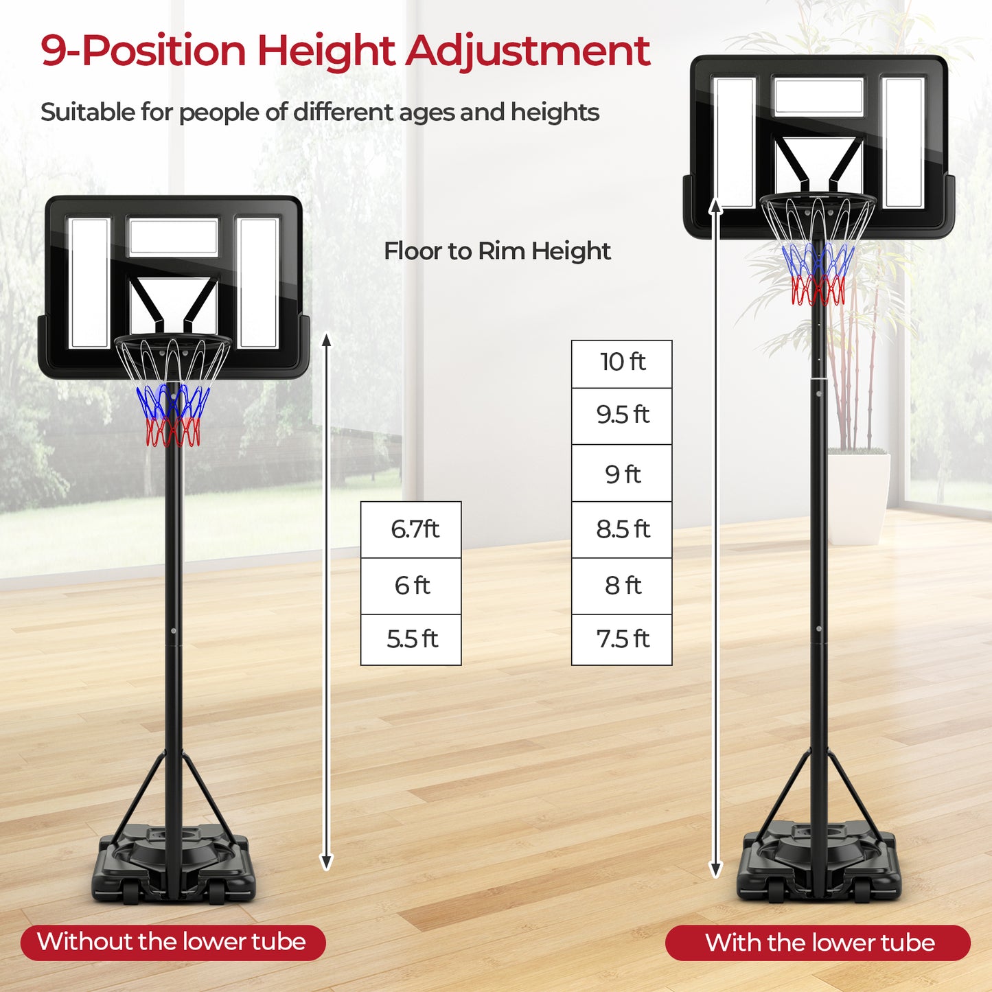 Portable Basketball Hoop with 9-Position Adjustable Height Kids Crystal