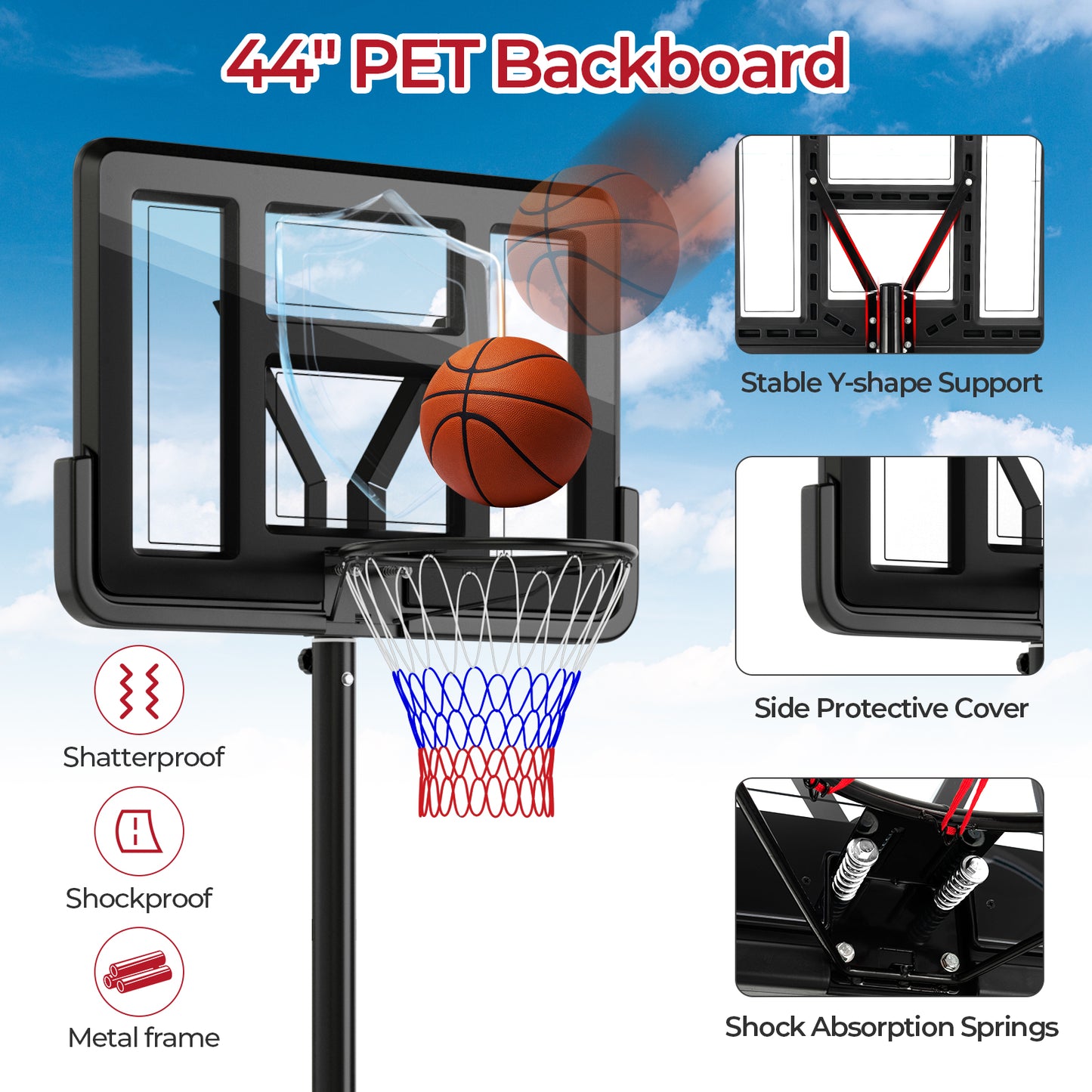 Portable Basketball Hoop with 9-Position Adjustable Height Kids Crystal