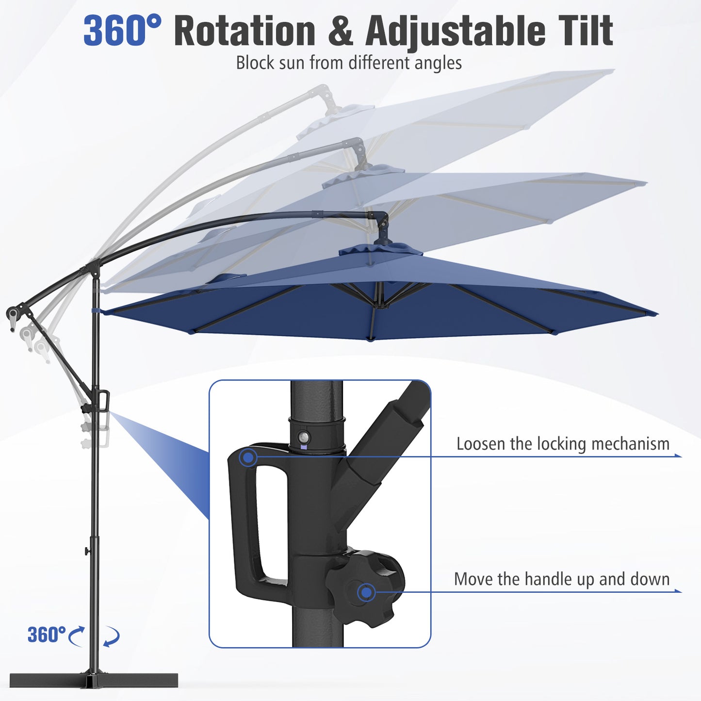 10 Feet Offset Hanging Umbrella with Base and Infinite Tilt-Navy Kids Crystal