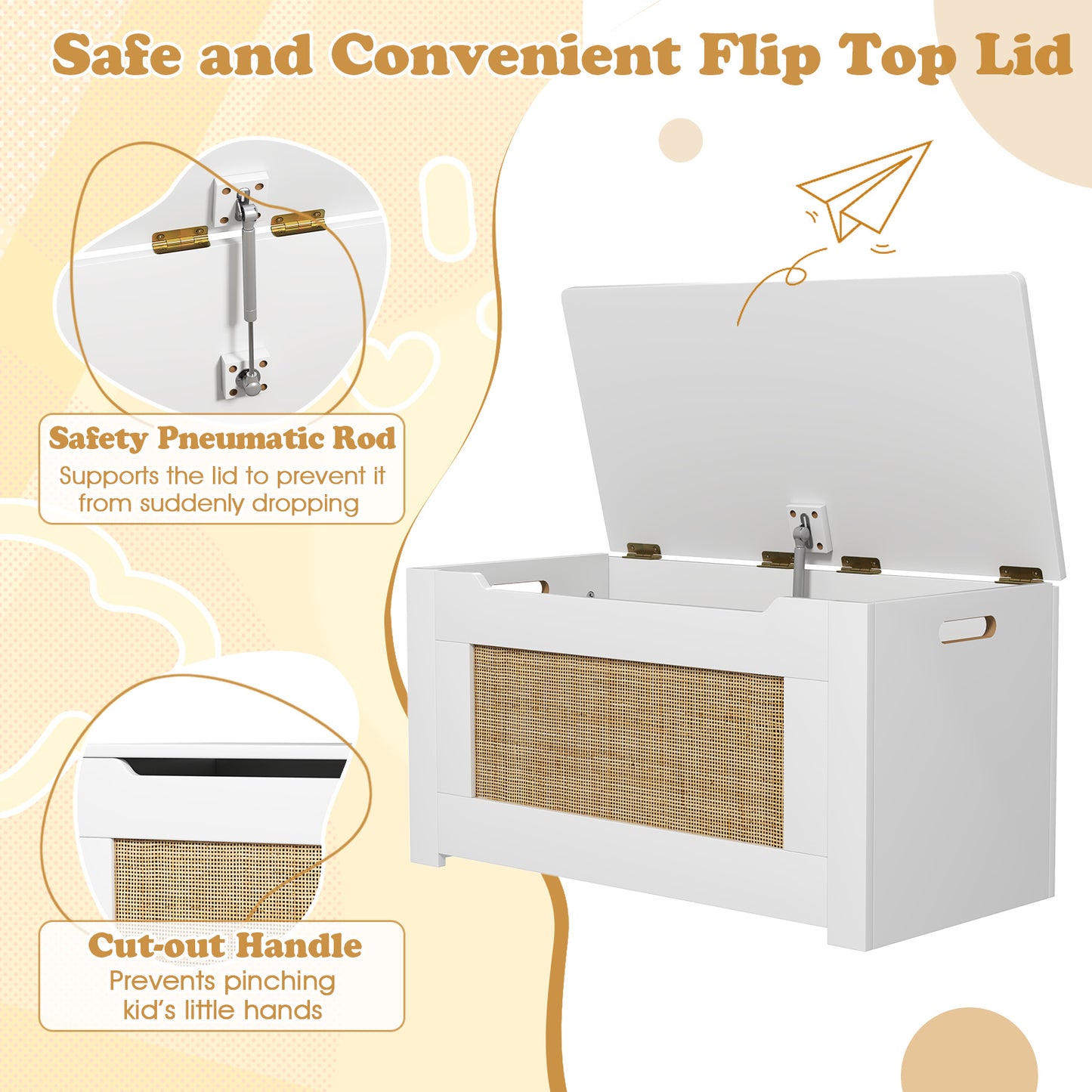 Kids Rattan Toy Storage Box with Flip Top Lid and Safety Hinge Handles-White Kids Crystal