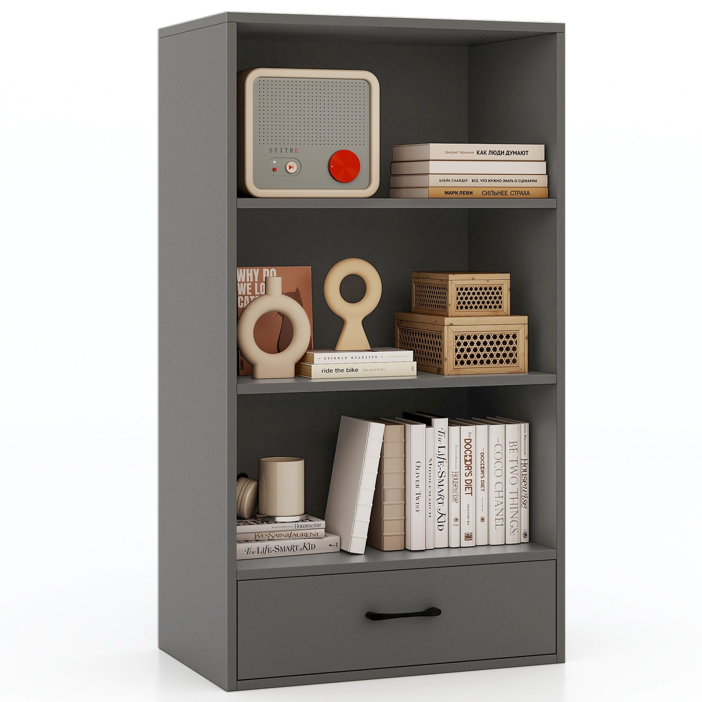 48 Inch Tall 4 Tiers Wood Bookcase with Drawer-Gray Kids Crystal