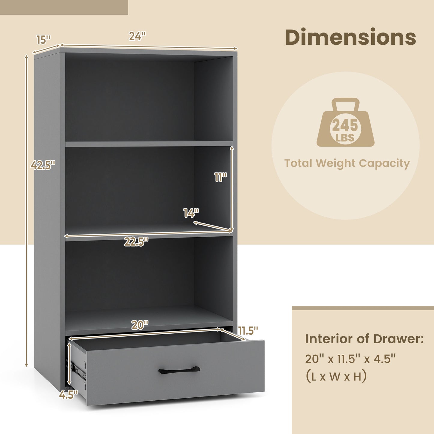 48 Inch Tall 4 Tiers Wood Bookcase with Drawer-Gray Kids Crystal