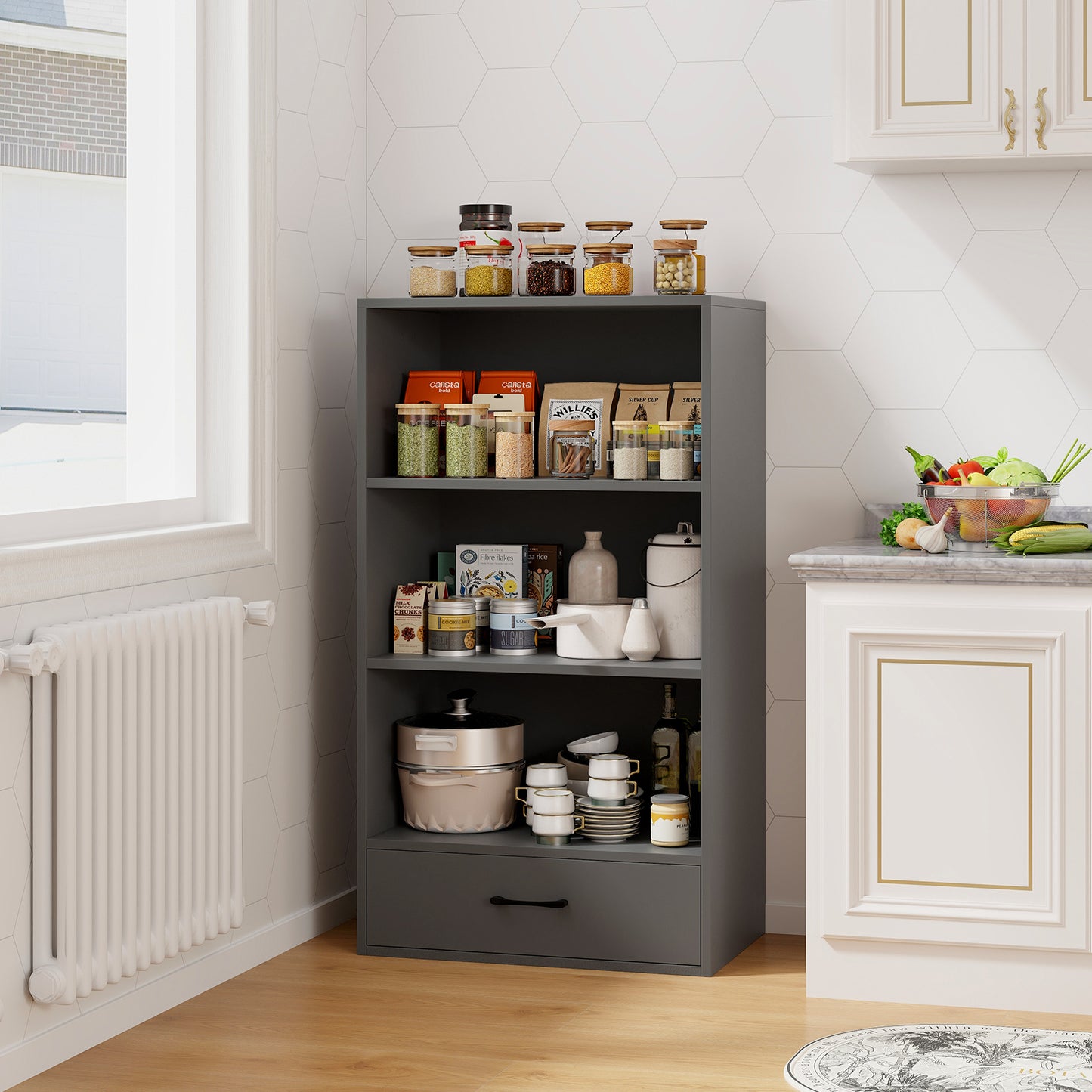 48 Inch Tall 4 Tiers Wood Bookcase with Drawer-Gray Kids Crystal