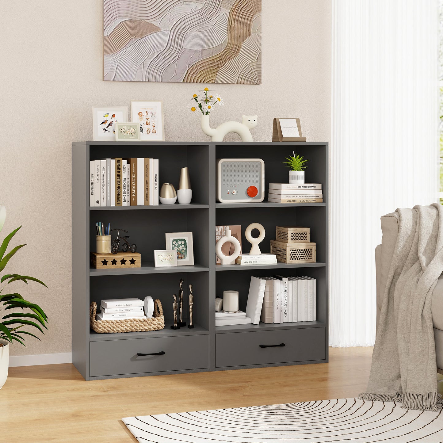 48 Inch Tall 4 Tiers Wood Bookcase with Drawer-Gray Kids Crystal