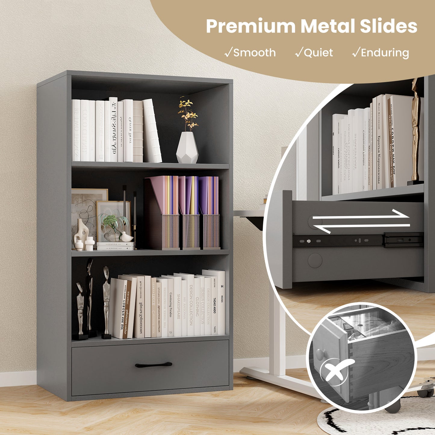 48 Inch Tall 4 Tiers Wood Bookcase with Drawer-Gray Kids Crystal
