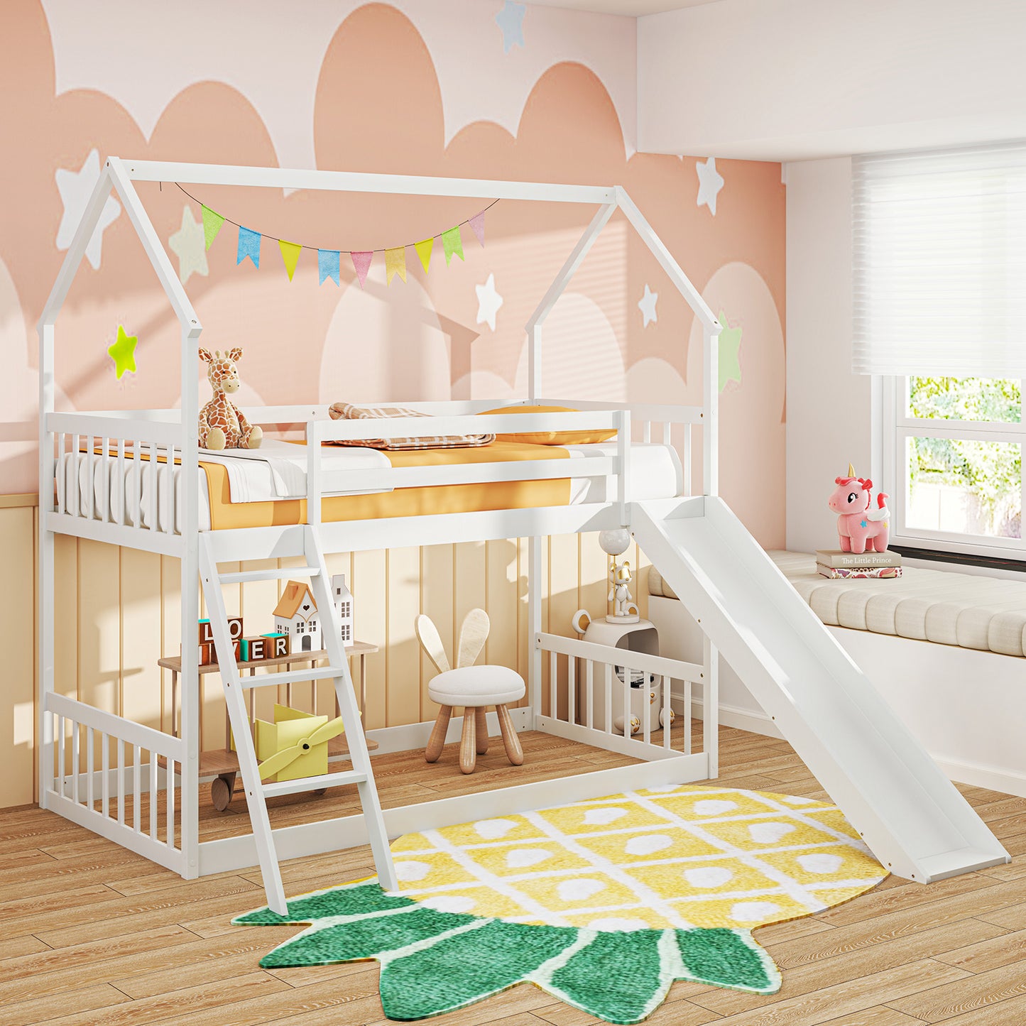 Twin Over Twin House Bunk Bed with Slide and Ladder-White
