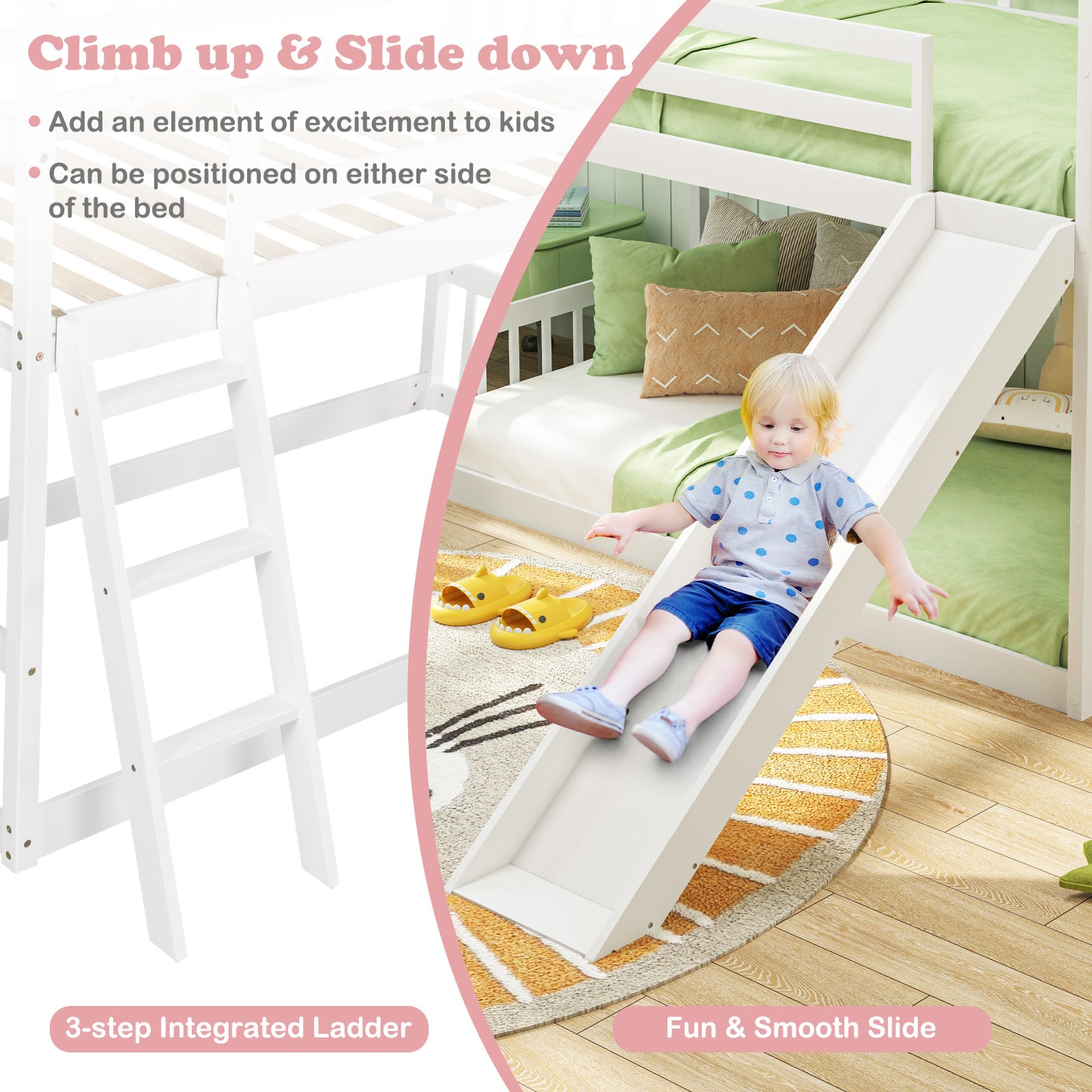 Twin Over Twin House Bunk Bed with Slide and Ladder-White