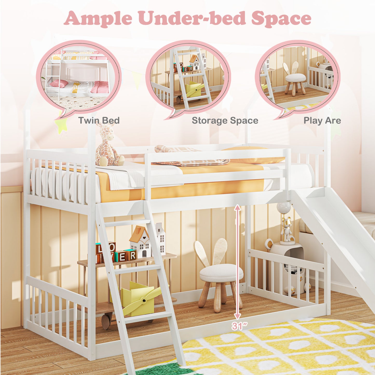 Twin Over Twin House Bunk Bed with Slide and Ladder-White