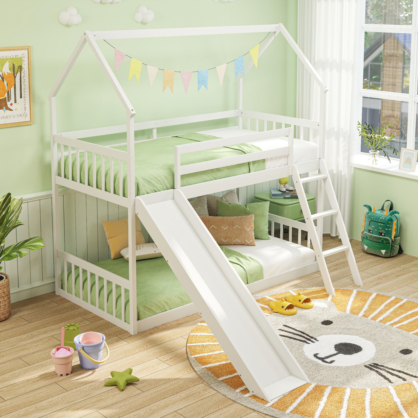 Twin Over Twin House Bunk Bed with Slide and Ladder-White