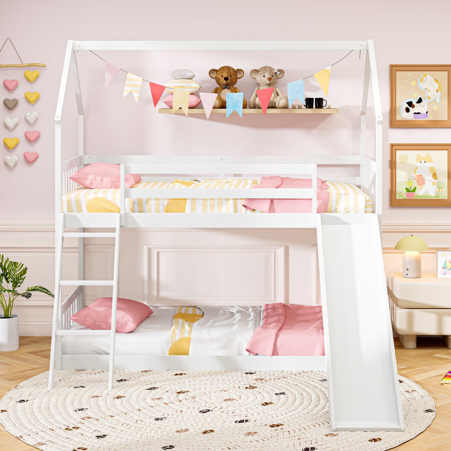 Twin Over Twin House Bunk Bed with Slide and Ladder-White
