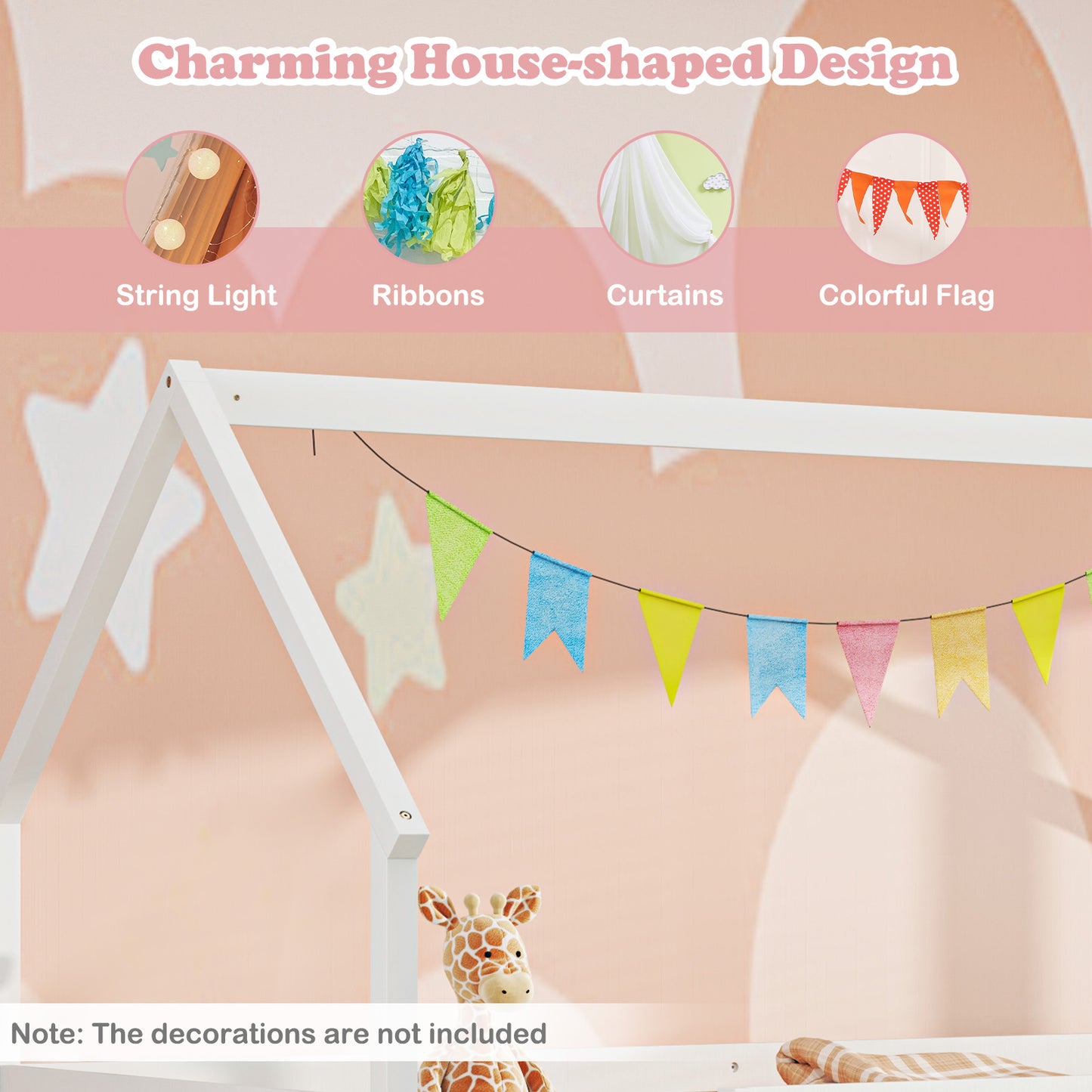 Twin Over Twin House Bunk Bed with Slide and Ladder-White Kids Crystal