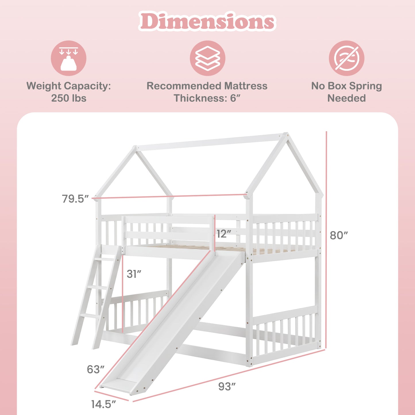 Twin Over Twin House Bunk Bed with Slide and Ladder-White