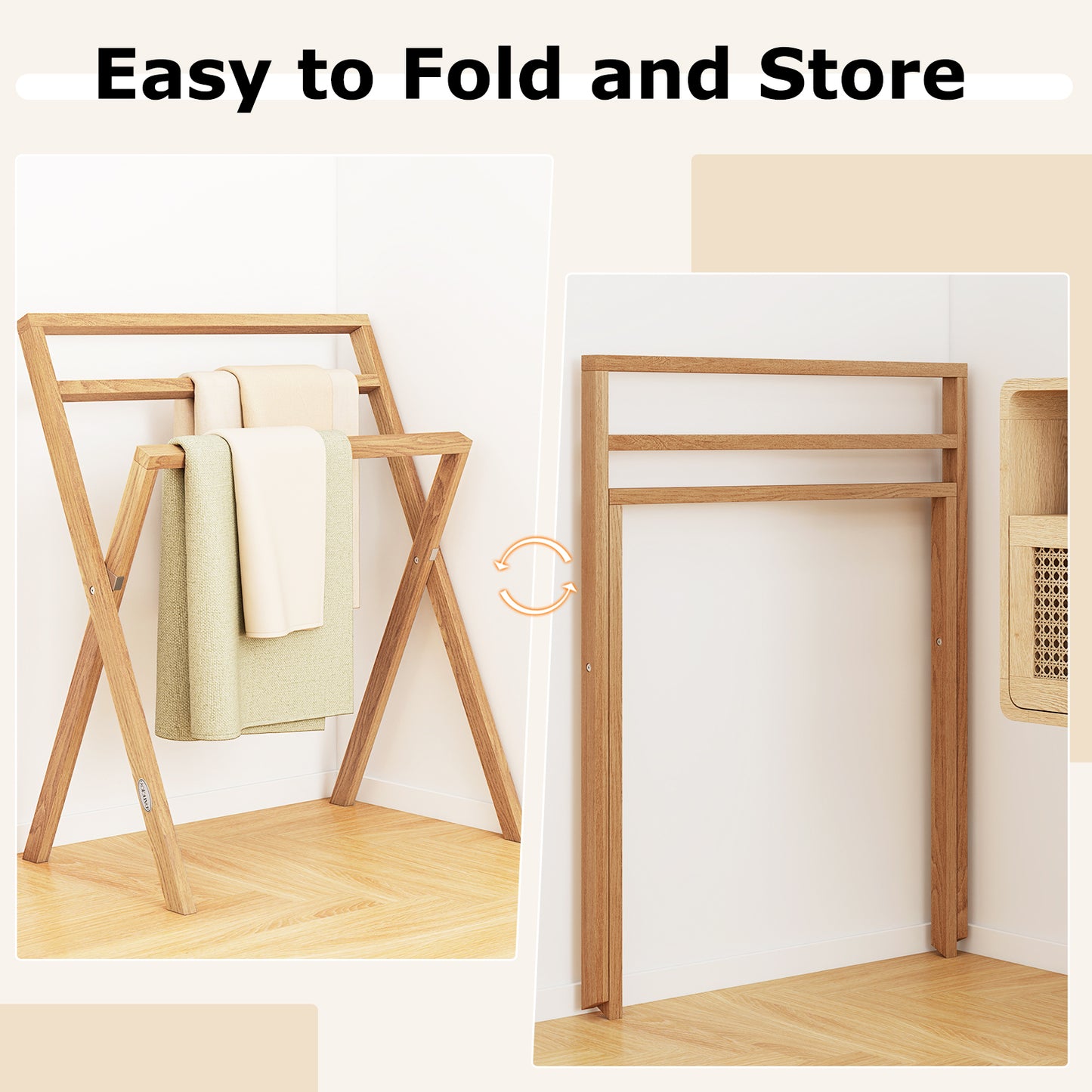 Freestanding Foldable Teak Wood Towel Rack with 3 Hanging Crossbars Kids Crystal