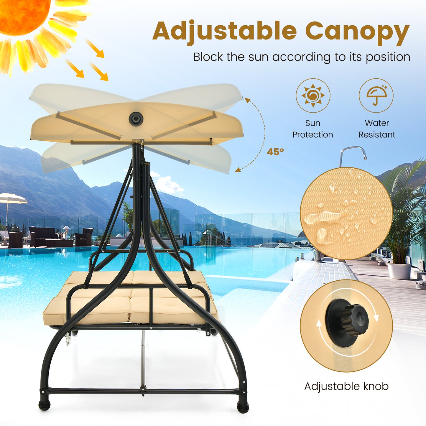 3 Seat Outdoor Porch Swing with Adjustable Canopy-Beige Kids Crystal