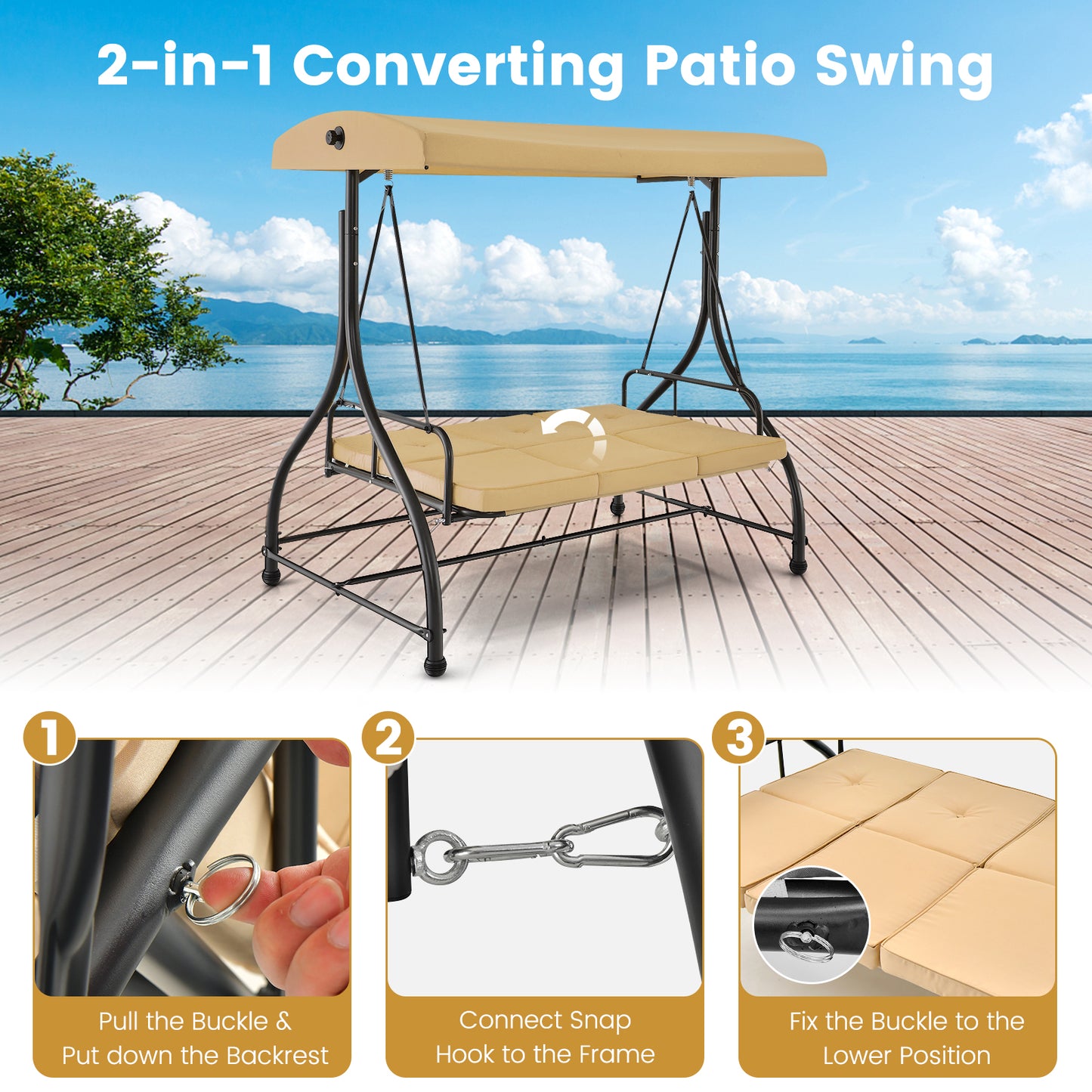 3 Seat Outdoor Porch Swing with Adjustable Canopy-Beige Kids Crystal
