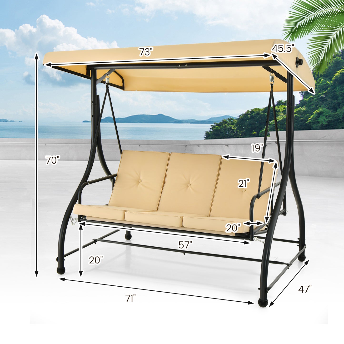 3 Seat Outdoor Porch Swing with Adjustable Canopy-Beige Kids Crystal