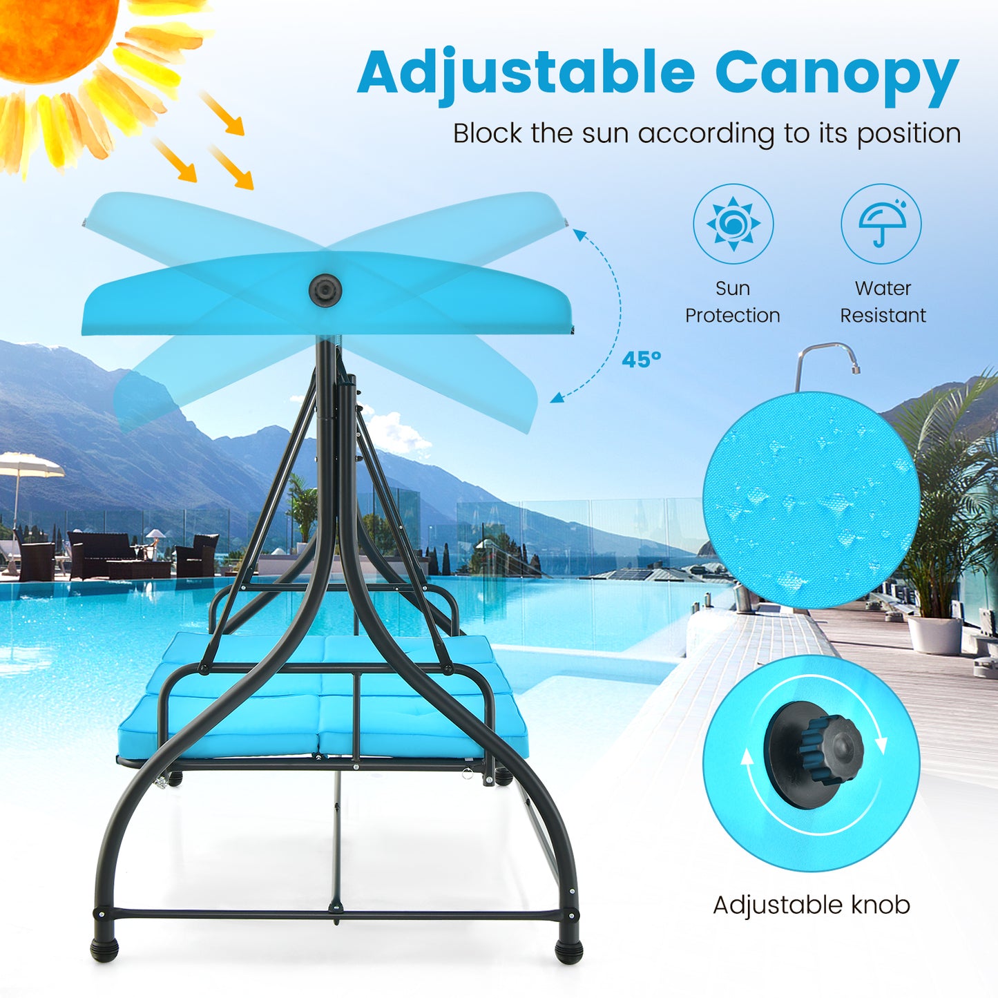 3 Seat Outdoor Porch Swing with Adjustable Canopy-Blue Kids Crystal