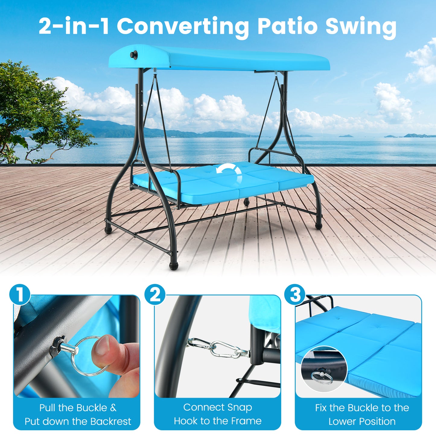 3 Seat Outdoor Porch Swing with Adjustable Canopy-Blue Kids Crystal