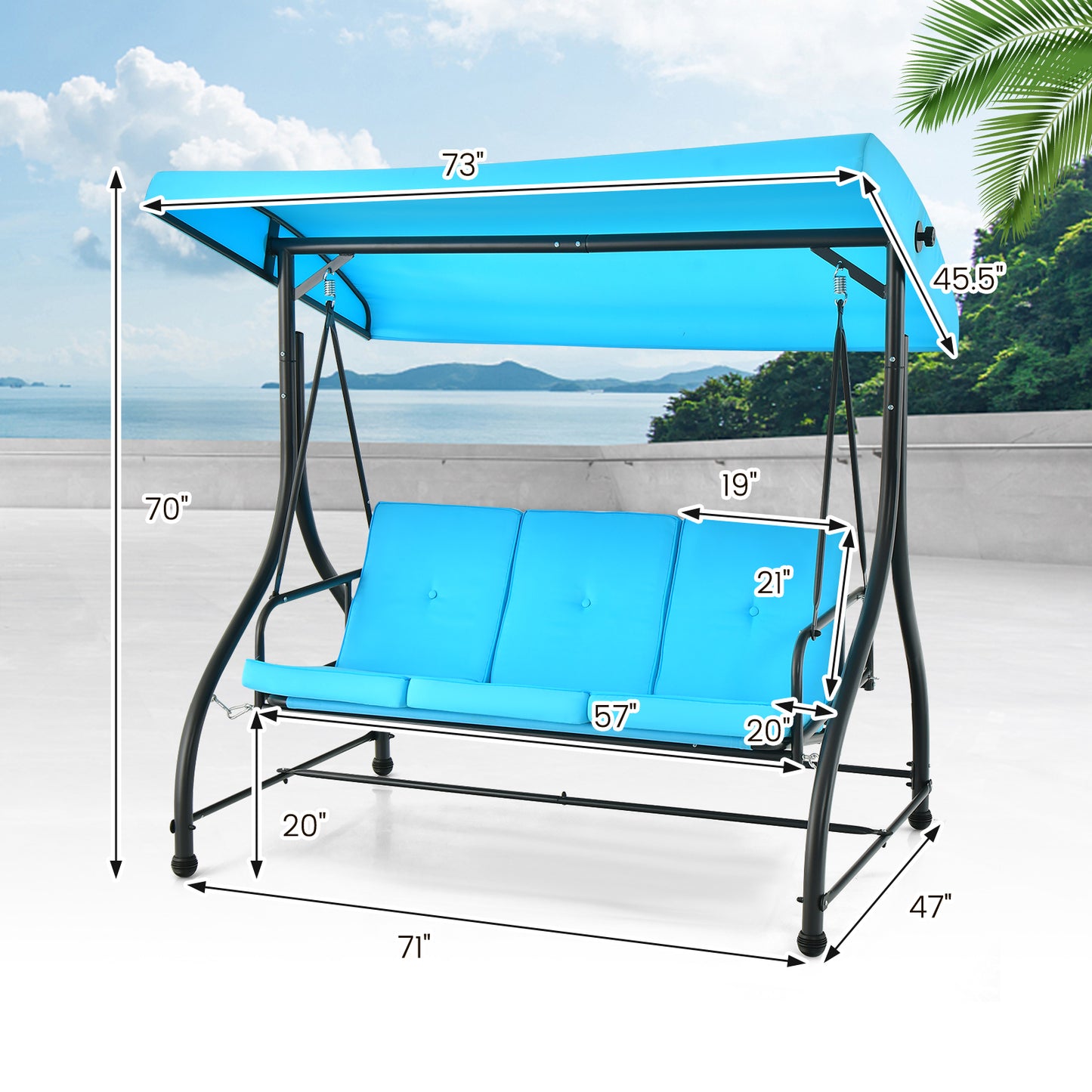 3 Seat Outdoor Porch Swing with Adjustable Canopy-Blue Kids Crystal