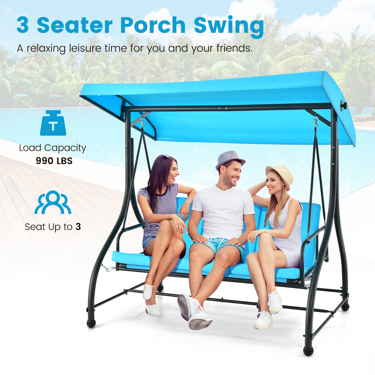 3 Seat Outdoor Porch Swing with Adjustable Canopy-Blue Kids Crystal