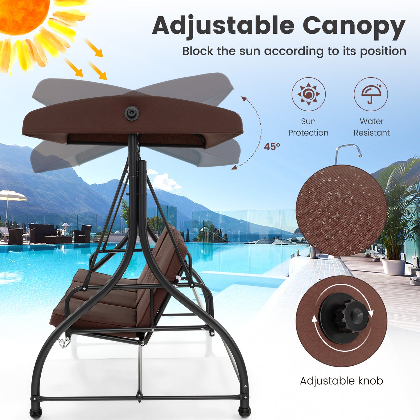 3 Seat Outdoor Porch Swing with Adjustable Canopy-Coffee Kids Crystal