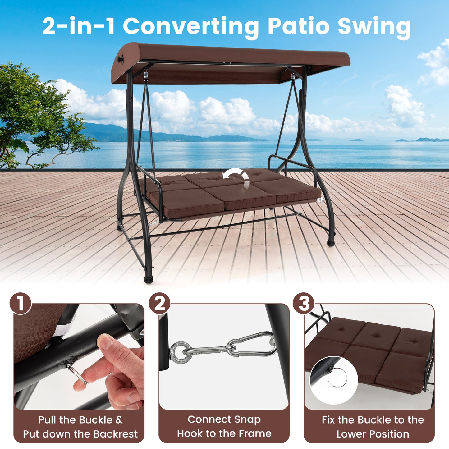 3 Seat Outdoor Porch Swing with Adjustable Canopy-Coffee Kids Crystal