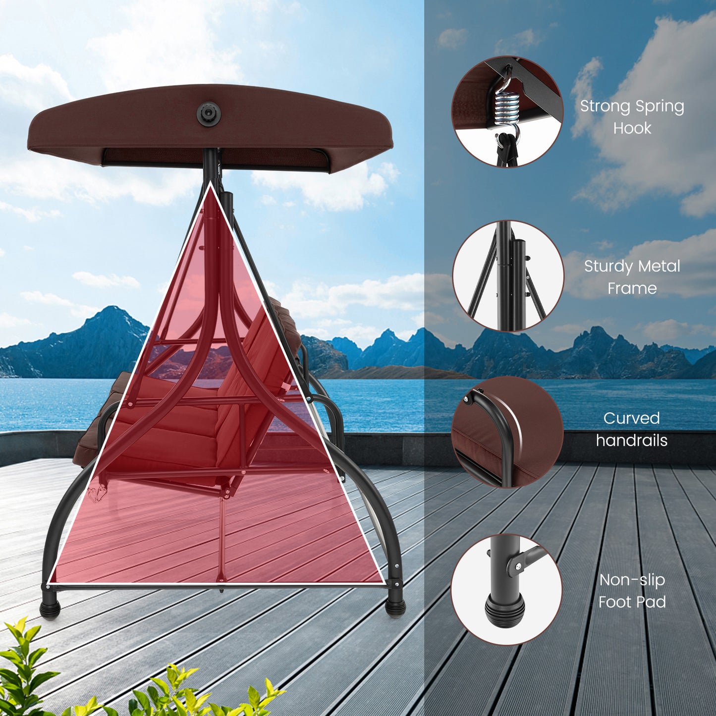 3 Seat Outdoor Porch Swing with Adjustable Canopy-Coffee Kids Crystal