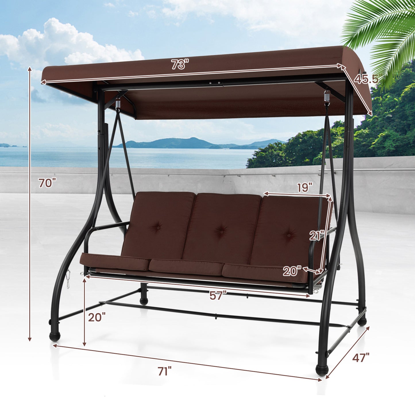3 Seat Outdoor Porch Swing with Adjustable Canopy-Coffee Kids Crystal