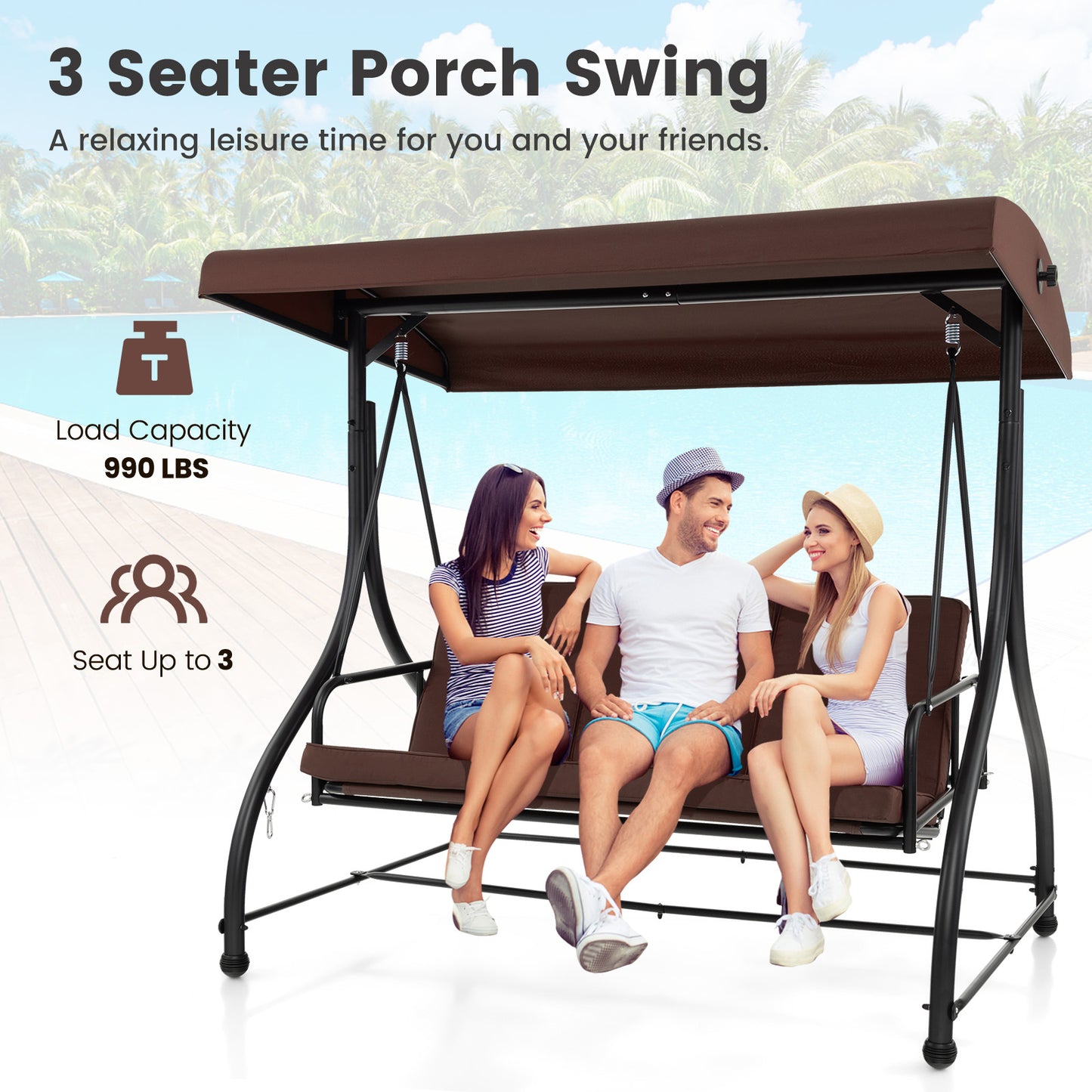 3 Seat Outdoor Porch Swing with Adjustable Canopy-Coffee Kids Crystal