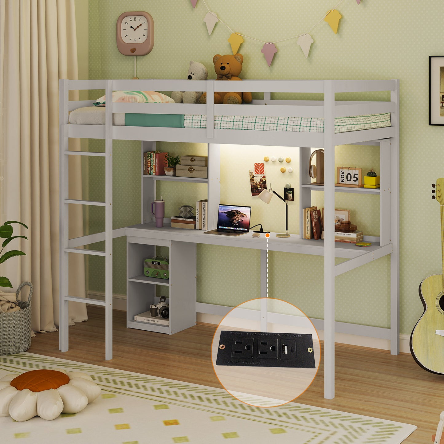 Twin Loft Bed with LED Light and Desk No Box Spring Needed-White