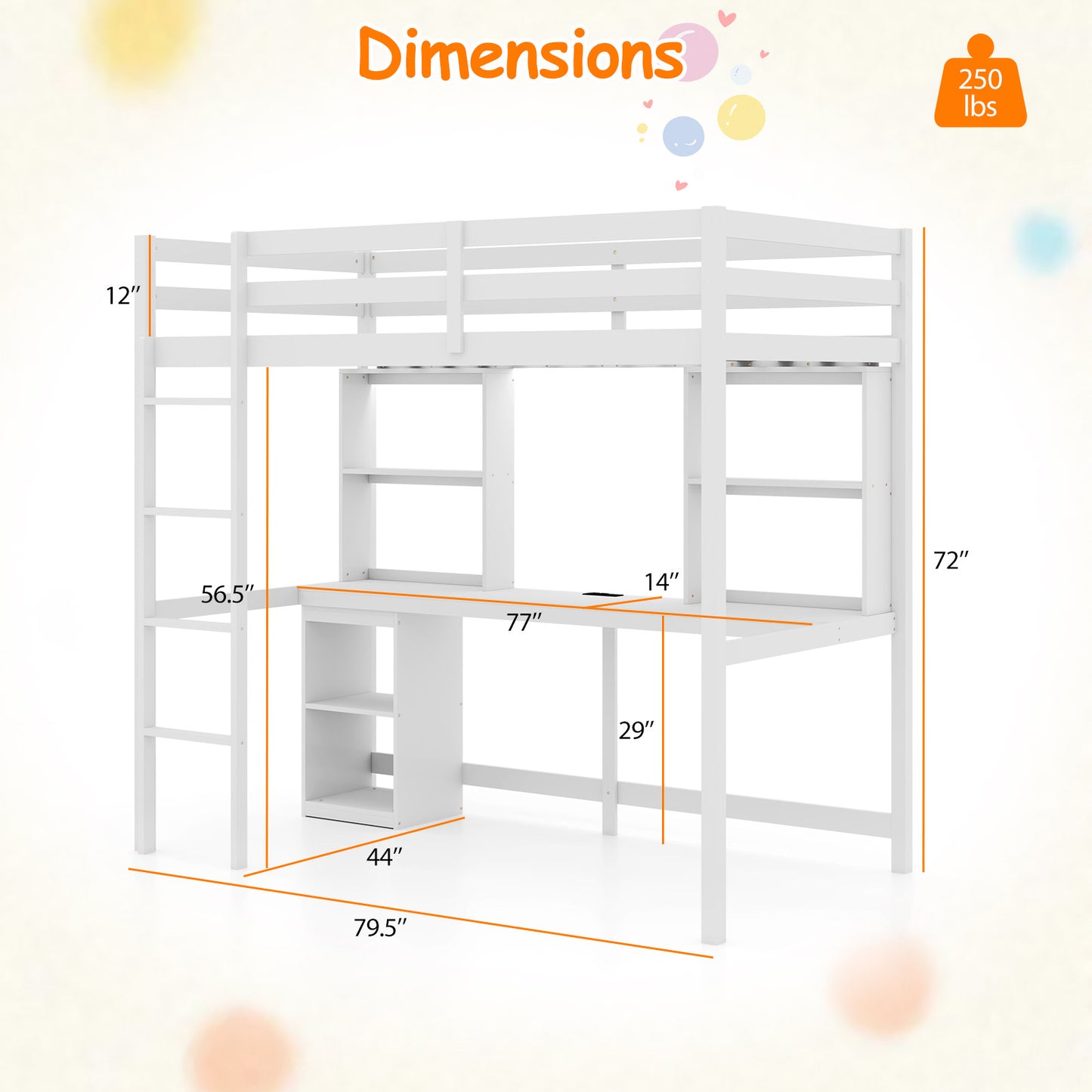 Twin Loft Bed with LED Light and Desk No Box Spring Needed-White