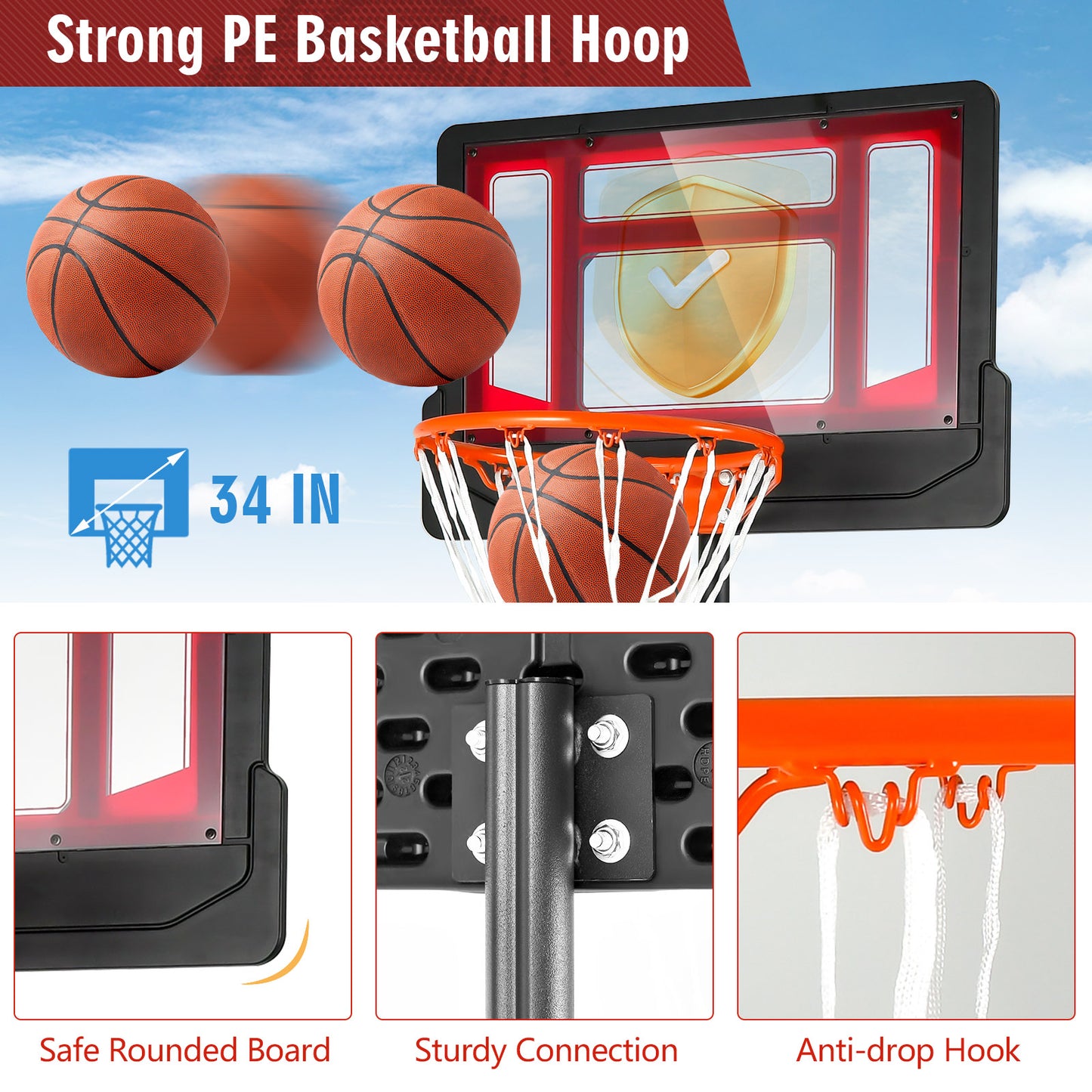 4.3-8.2 FT Portable Basketball Hoop with Adjustable Height and Wheels-Red Kids Crystal