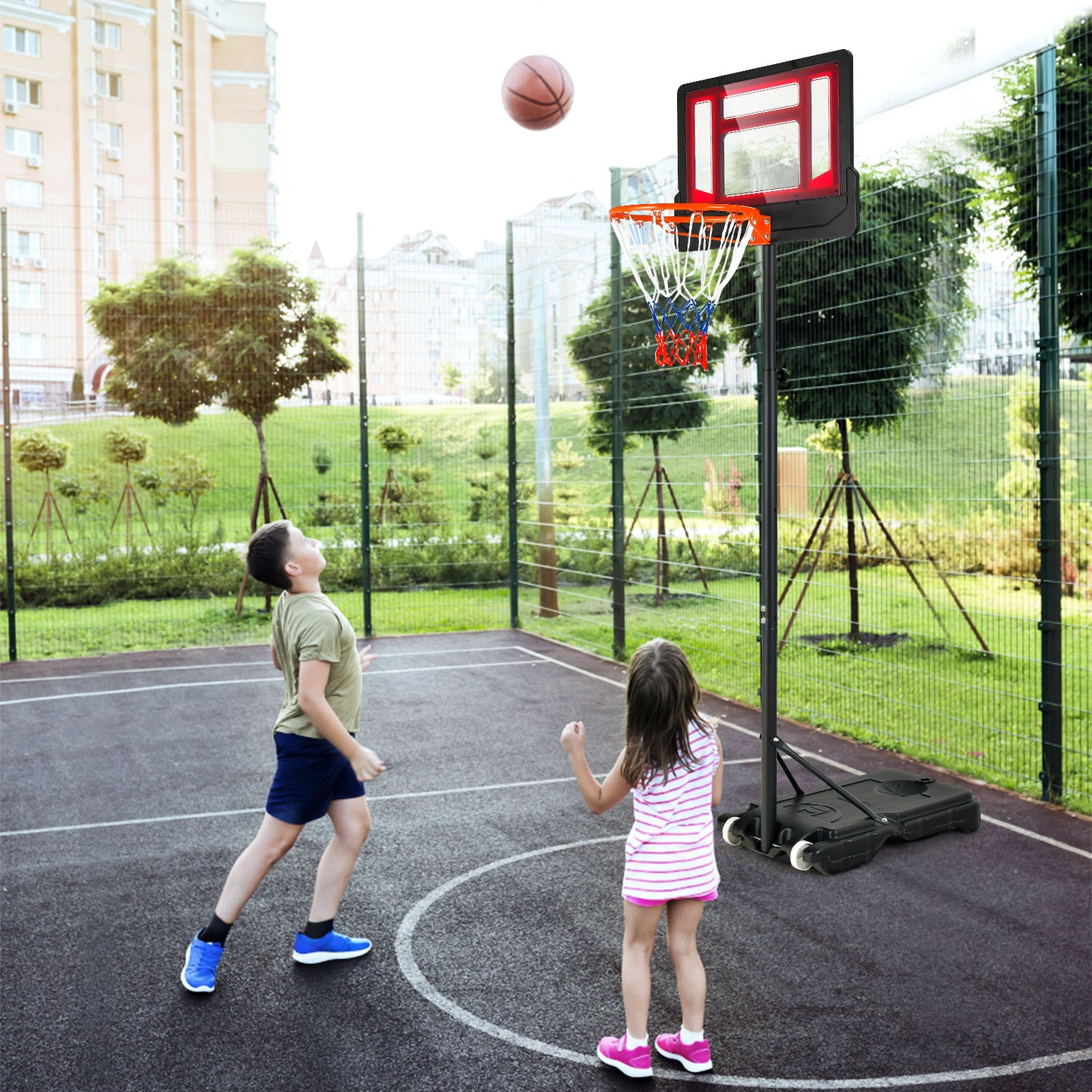 4.3-8.2 FT Portable Basketball Hoop with Adjustable Height and Wheels-Red Kids Crystal