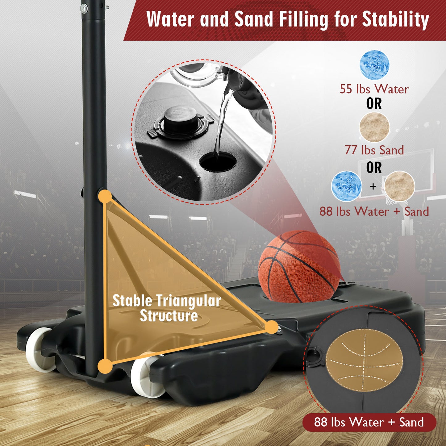 4.3-8.2 FT Portable Basketball Hoop with Adjustable Height and Wheels-Red Kids Crystal
