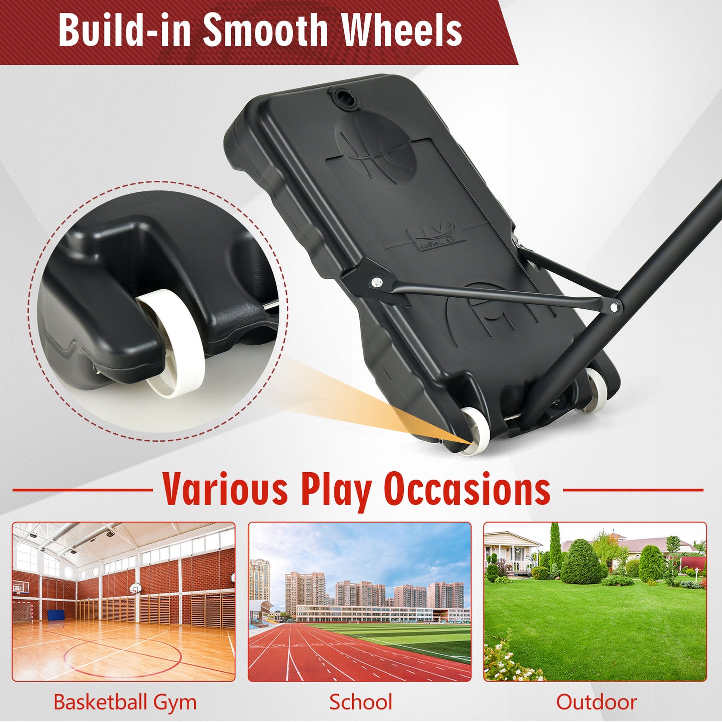 4.3-8.2 FT Portable Basketball Hoop with Adjustable Height and Wheels-Red Kids Crystal