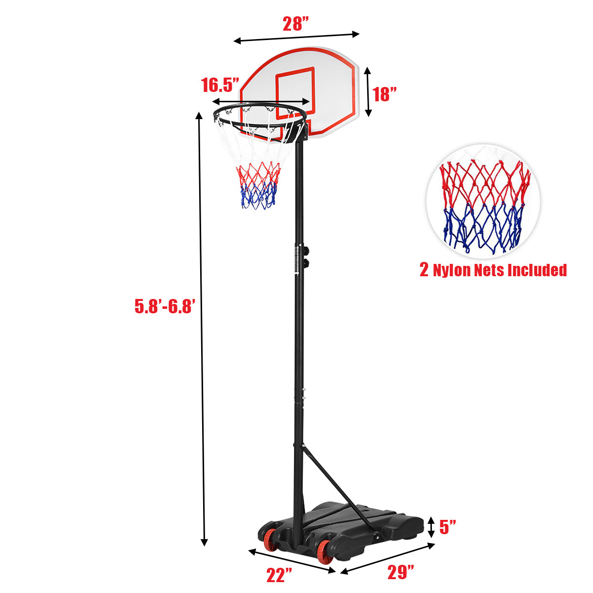 Adjustable Basketball Hoop System Stand with Wheels Kids Crystal